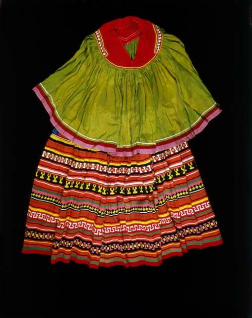 Woman's cape, green silk , red at neck edge