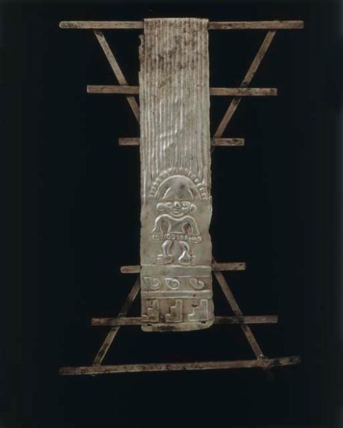 Silver, miniature loom with textile