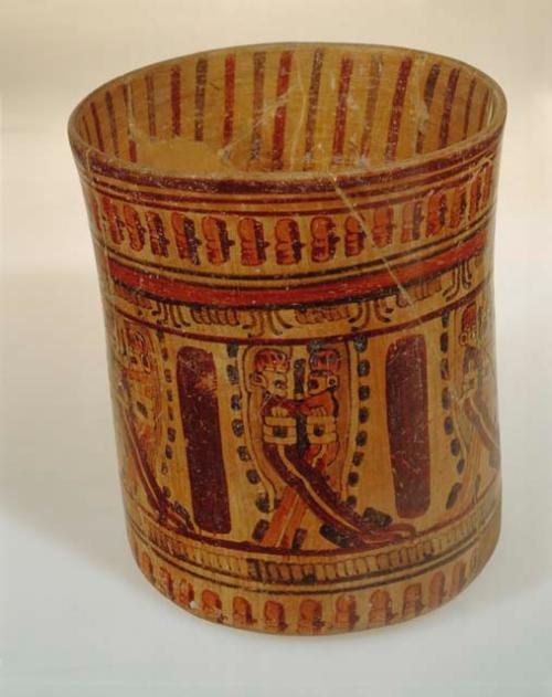 Ulua polylchrome cylindrical pottery vase; broken. Mayoid style.