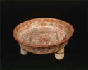 Polychrome dish, tripod, decorated with long legged water birds, glyphs. Pot 1