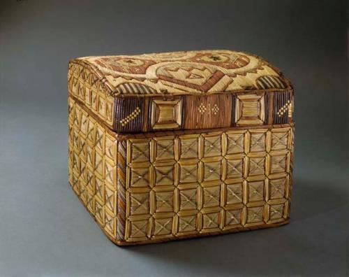 Birchbark box. Trunk-shaped box w/wood base & lining.