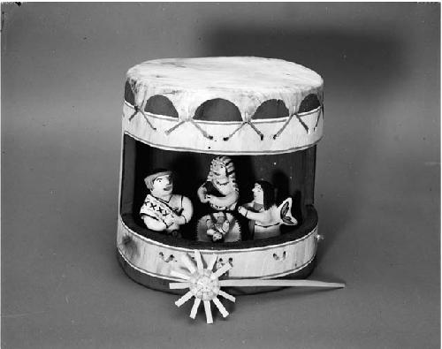 Polychrome six piece Nativity Schene (A-F) in cutout Drum (G)