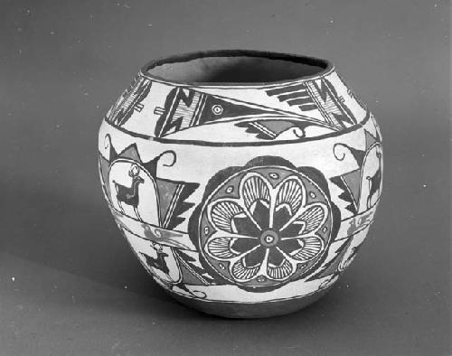 Polychrome-on-white Olla; floral and animal motif