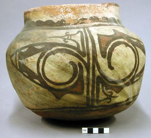 Jar, polacca polychrome style c. zuni rain bird design. 22.9 x 19.1 cm.