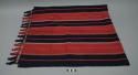 Textile, horizontal wide red and black bands, narrow red, purple, and white bands