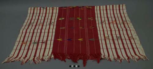 Textile with three panels, red and white stripes, yellow, orange, red, blue, and green brocade