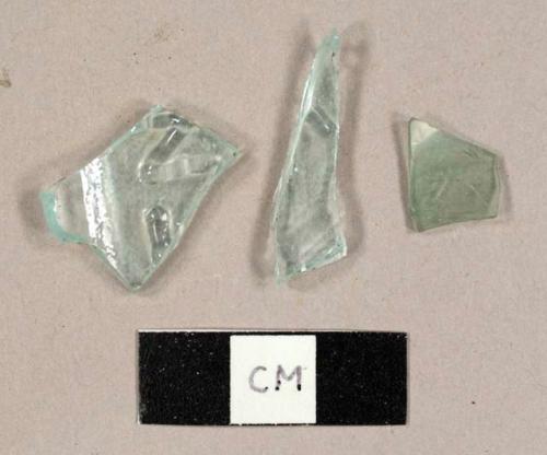 Aqua bottle glass fragments, including two fragments from a flask, one with "N" embossed