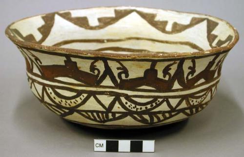 Bowl, polacca polychrome style c. int: curvilinear design; ext: zuni rain bird d