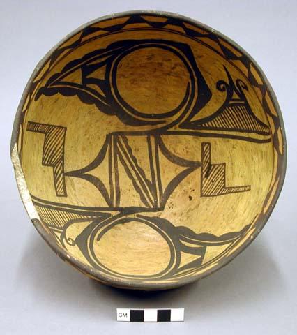 Bowl, polacca polychrome style c. int: zuni rain bird design; ext: linear design