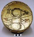 Bowl, polacca polychrome style c. int: zuni rain bird design; ext: linear design