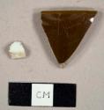 English porcelain sherds, including one rim to a cup with a brown exterior and white interior