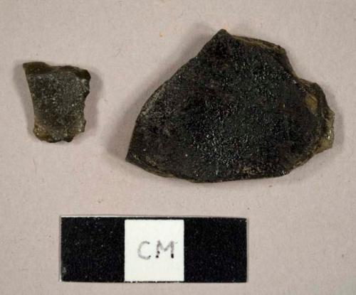 Olive green bottle glass fragments, one possibly melted