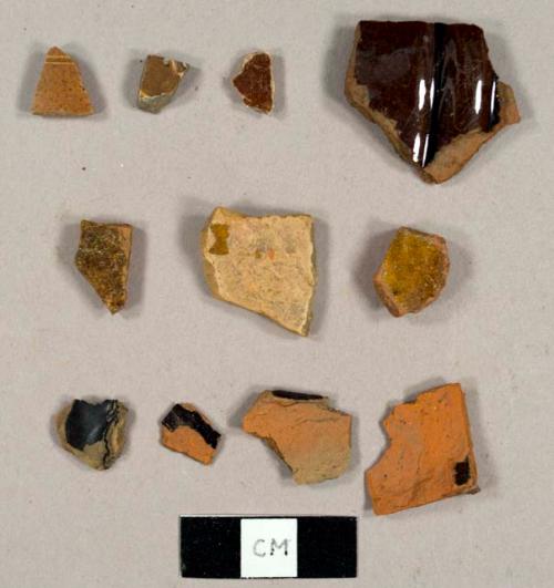 Lead glazed earthenware sherds, including several Jackfield-type ware sherds and one Nottingham stoneware sherd