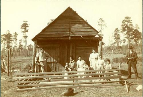 Habitation About 50 Years Old, Showing Frame for Stretching Skins (on Left). Old Camp at Bayou Lancombe, Louisiana