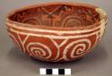 Pottery bowl--prehistoric. diameter 7", red ware with black and white decoration