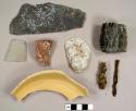 Miscellaneous artifacts with no provenience, including whiteware, yellowware, brick fragments, glass fragments, nails, at least one coin, slate, anthracite coal, and oyster shells