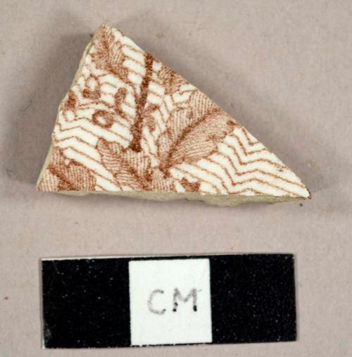 Ironstone sherd with brown and white transfer print