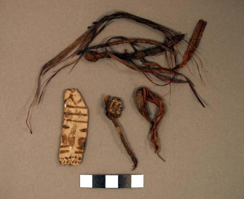 Organic, various fragments including fiber, twine, decorated wood fragment.