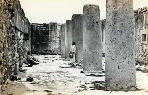 Ruins of Mitla, two men near columns