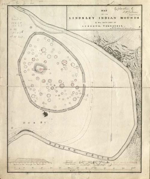 Map of the Lindsley Indian Mounds, 4 miles South East of Lebanon, Tennessee