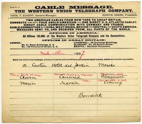 Telegram from Bowditch to Curtin