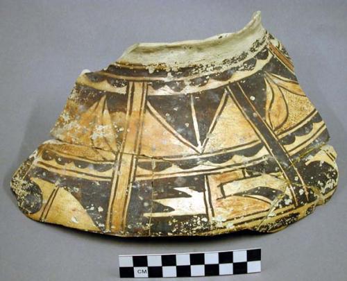 Ceramic rim sherd, polychrome exterior, straight neck