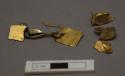 Metal ornament fragments, gold/copper, shaped,1 flat sheet, perforated.