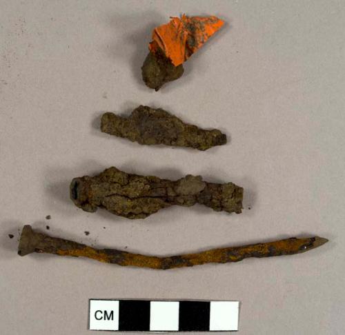Nails, nail fragments, and orange flagging tape