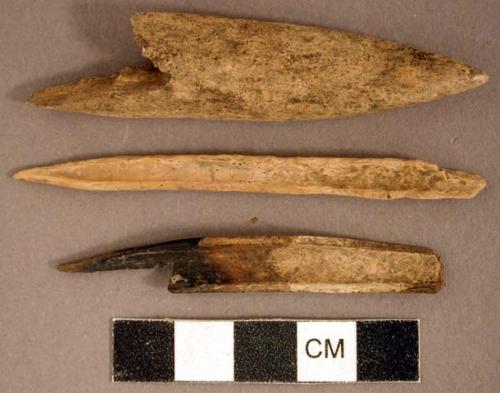 Worked animal bone awl fragments, one partially burned