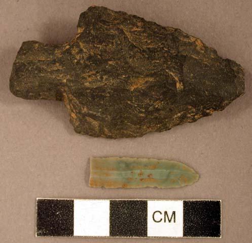 Chipped stone, projectile point, stemmed; chipped stone, prismatic blade