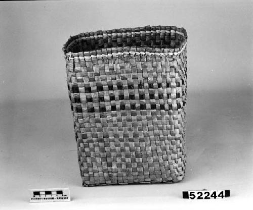 Rectangular open cedar bark basket, checkerwork.