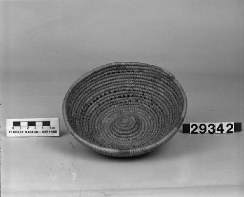 Small coiled built basketry bowl with black designs
