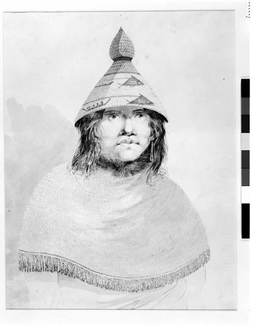 "Woman of Nootka Sound, April 1778." Pencil or pen and ink drawing.