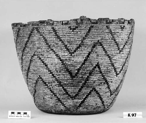 Burden basket from the collection of Father of F.H. Curtiss. Coiled, split stitches, imbricated.