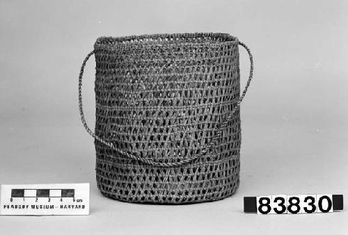 Cylindrical basket with cord handle from the collection of Lt. Woodworth ca.1878. Plain, open-twined; crossed warps.