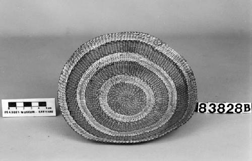 Circular tray from the collection of Lt. Woodworth, ca. 1878. Plain twined, false embroidery.