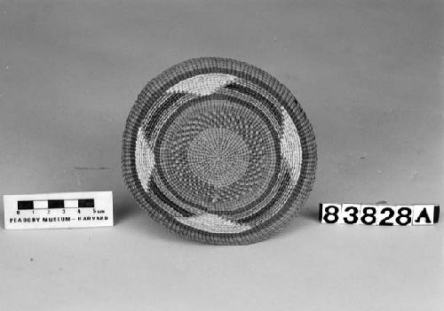 Circular tray from the collection of Lt. Woodworth, ca. 1878. Plain twined, false embroidery.