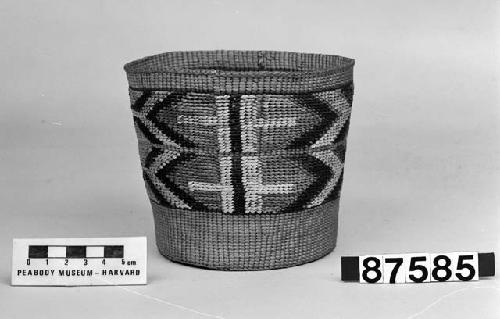 Cylindrical basket from the collection of Mrs. H.S. Grew. Plain twined, false embroidery.
