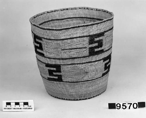 Cylindrical basket from the collection of the parents of L. Frankenstein. Plain twined, false embroidery.