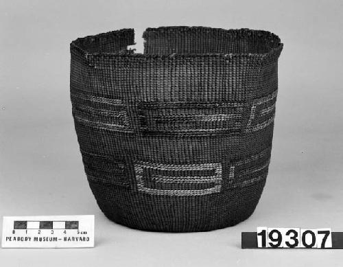 Cylindrical basket from the collection of J.S. and C.T.D. Swaim, 1900-40. Plain twined, false embroidery.