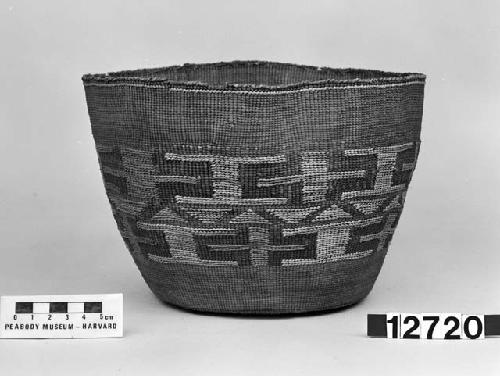 Cylindrical basket from the collection of the brothers of Mrs. J.M. Robinson, 1883-1925. Twined, false embroidery.