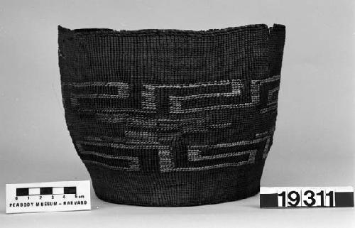 Cylindrical basket from the collection of J.S. and C.T.D. Swaim, 1900-40. Plain twined, false embroidery.