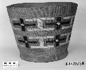 Cylindrical basket from the collection of the grandmother of E.S. Harrold, pre-1890. Twined, false embroidery.