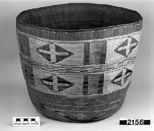 Cylindrical basket from the collection of E.G. Fast, 1867-8. Plain twined, false embroidery.