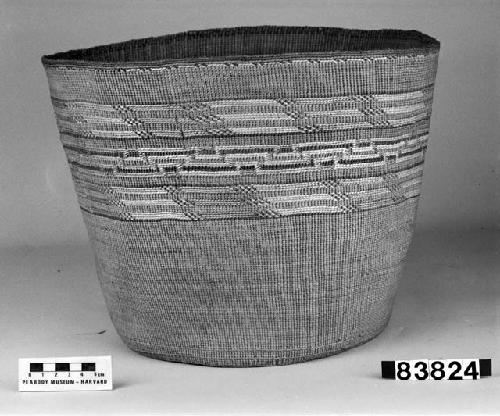 Cylindrical basket from the collection of Lt. Woodworth, ca. 1878. Plain twined, false embroidery.