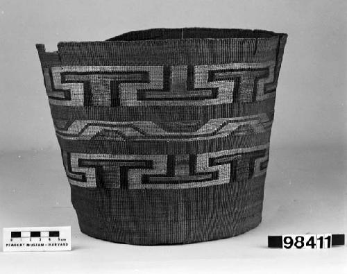 Cylindrical basket from the collection of G.F. Willey, 1906-7. Plain twined, false embroidery.