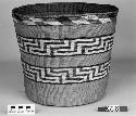 Cylindrical basket from the collection of the father of F.H. Curtiss. Plain twined, false embroidery.