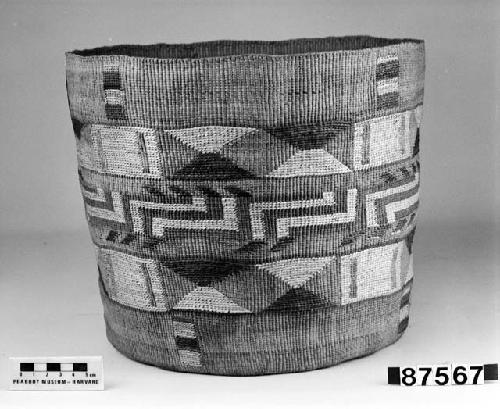 Cylindrical basket from the collection of G. Nicholson. Plain twined, false embroidery.