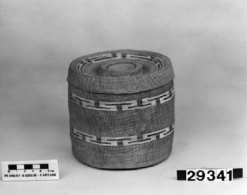 Trinket basket from the collection of E.H. Washburn. Plain twined, false embroidery.