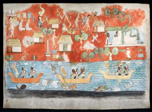 Watercolor of mural painting, Temple of the Warriors, Chichen Itza